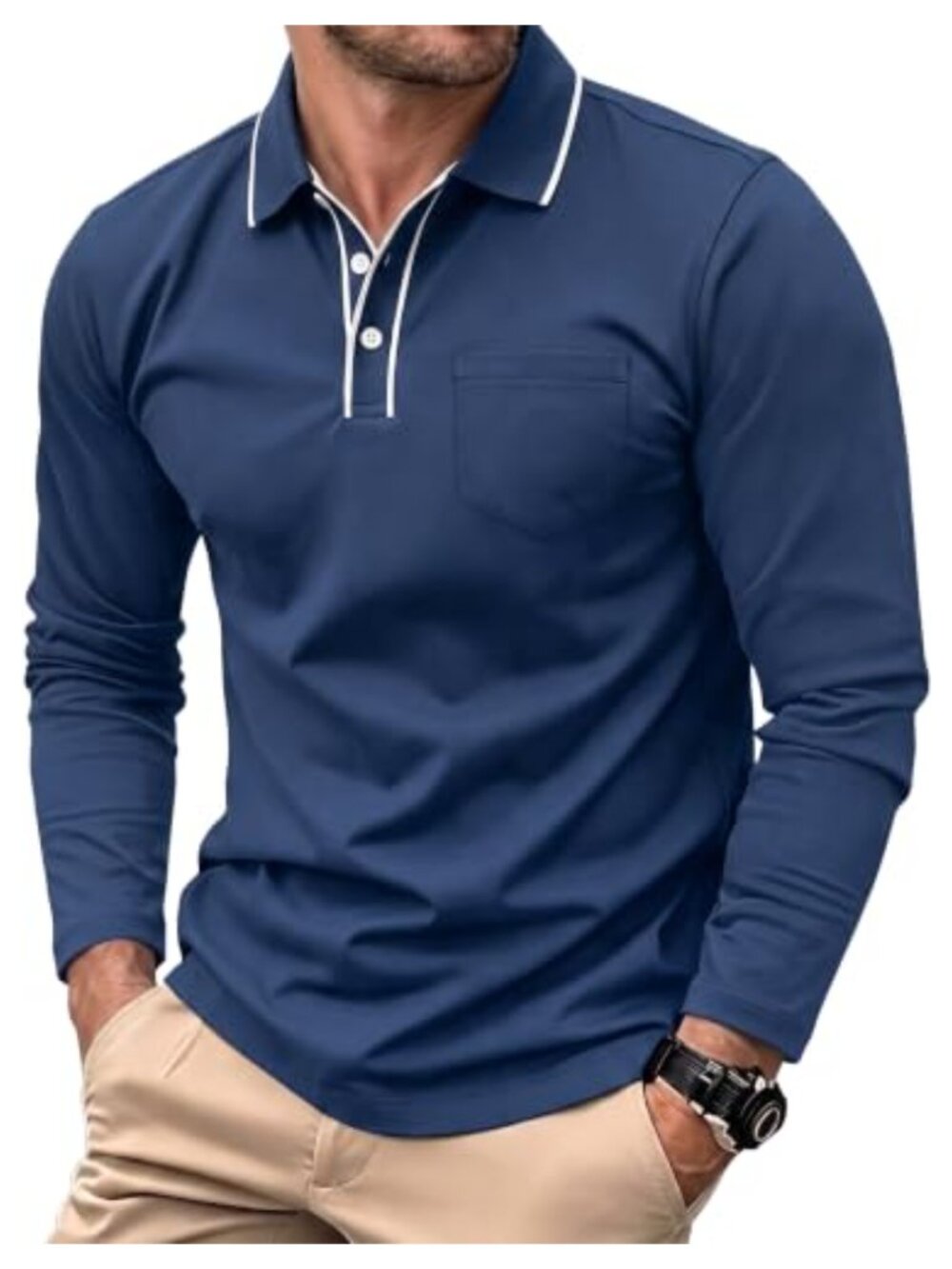 Men's Long Sleeve Polo Shirt Casual Golf Wrinkle-Resistant Pocket